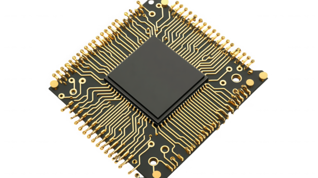 Closeup of a microchip isolated on transparent background for modern technology