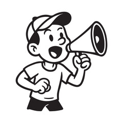 Young boy shouting with megaphone for announcement, sale, or promotion, perfect for kids' events, marketing, or urgent messages with bold style