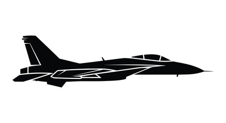 A detailed black silhouette of a modern fighter jet aircraft in profile view against a white background