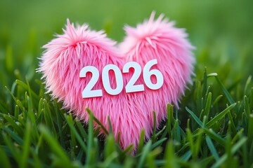 Pink furry heart-shaped decoration with white numbers 2026 placed on a lush green grass background. Close-up in cinematic style with copy space
