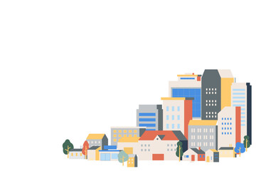 ビルが立ち並ぶカラフルな都会の街並みのフラットイラスト