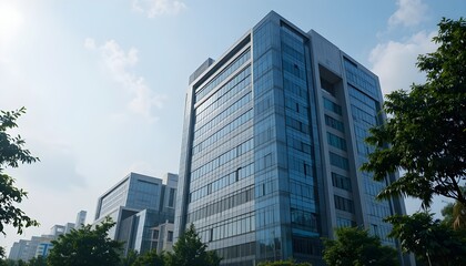 Fototapeta premium A modern office building in Bangalore, India, representing IT hub, corporate workspaces, business infrastructure, and technology parks