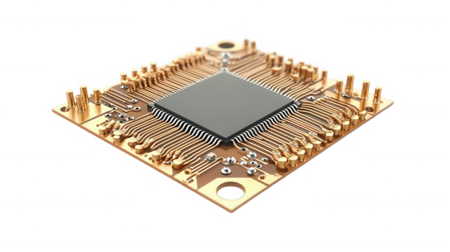 Closeup of a microchip isolated on transparent background for modern technology