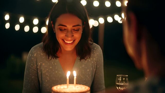 Woman blowing out candles on a birthday cake in a festive outdoor setting