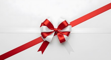 Elegant red and white satin ribbon bow on a pristine white background, perfect for gift wrapping and festive occasions.