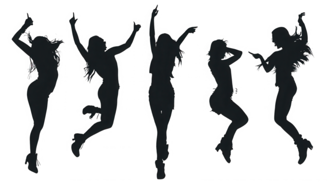 Silhouette of five young women dancing and jumping isolated on transparent background