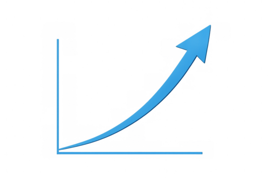 Blue graph arrow showing business growth, increasing performance, progress, success, and rising sales data