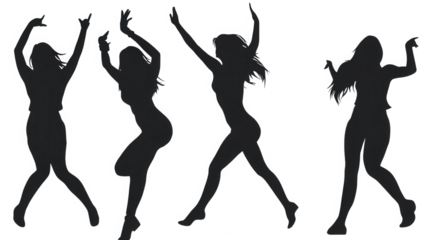 Silhouette of four young women dancing and posing isolated on transparent background