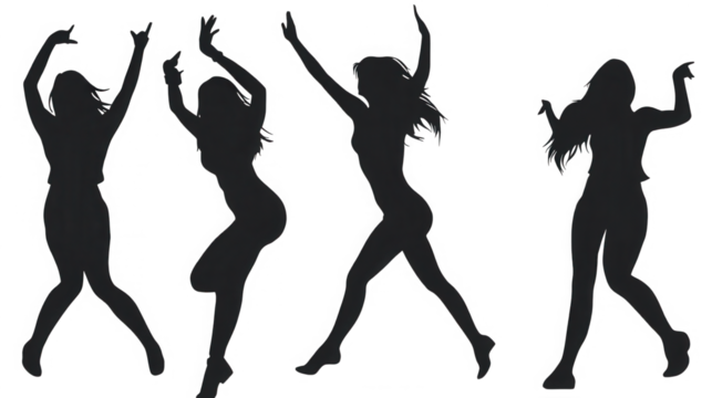 Silhouette of four young women dancing and posing isolated on transparent background
