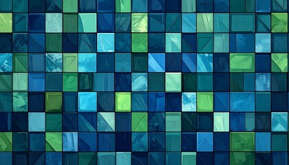 Abstract mosaic composed of squares in shades of green and blue