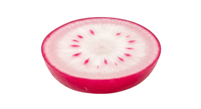 Close Up Pink Radish Slice With White Center and Pink Flecks In Water