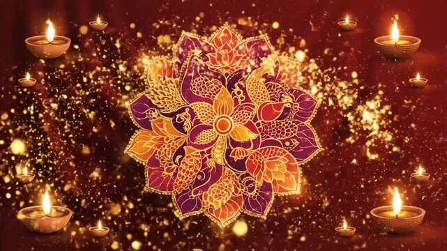 Glowing Mandala Celebration Background - A colorful glowing mandala with peacocks is centered in the video with floating golden particles and traditional oil lamps scattered around on a maroon