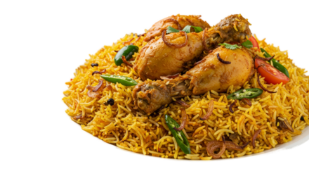 Delicious Chicken Biryani Golden Yellow Rice Garnish Fresh Herbs Isolated