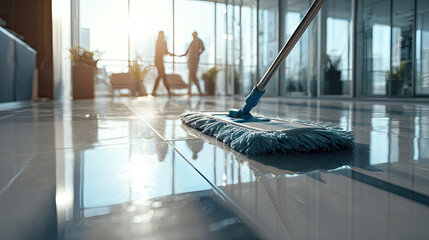 People clean the floor using lint free cloth concept. A mop cleaning a shiny office floor in a modern workspace.