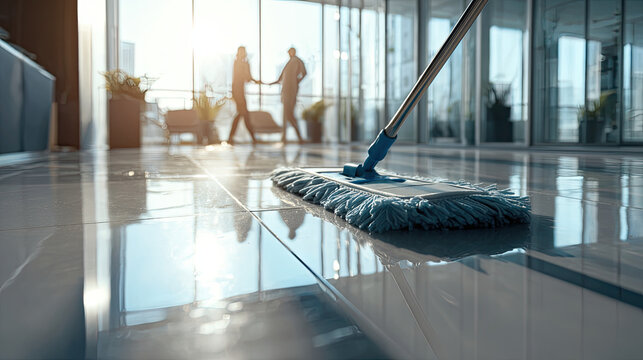 People clean the floor using lint free cloth concept. A mop cleaning a shiny office floor in a modern workspace.