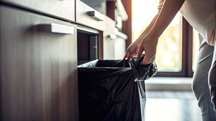 Woman taking garbage bag out of home trash can concept. A person disposing of trash in a kitchen garbage bin.