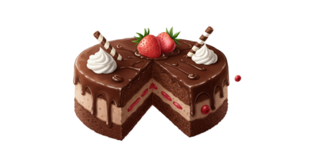 Delicious Chocolate Cake with Strawberries and Cream Isolated Transparent