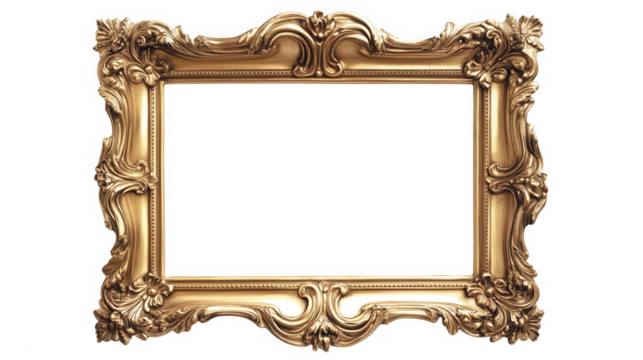Luxurious gold frame with intricate details isolated on transparent background for art