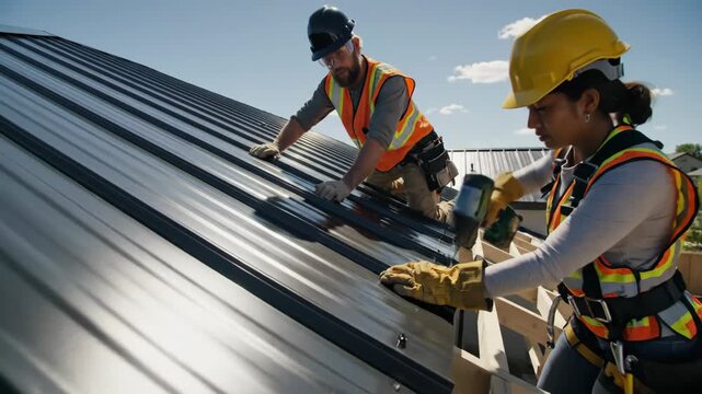 Metal Roofing Installation - Two construction workers install a metal roofing system on a residential home. They are securing the metal sheets with power tools, working carefully.