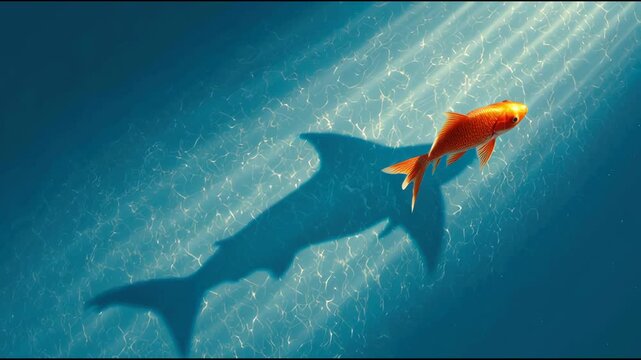 A goldfish swimming in clear water casting a giant shark shadow below. Perfect for creative projects, business metaphors, ambition, and inspirational visuals.