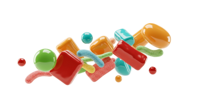 Colorful 3D Candy Mix with Soft Glow and Gradient Background