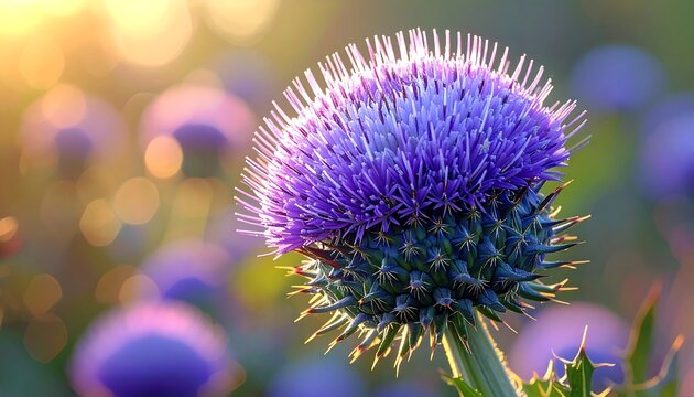 Close-up of a purple thistle flower in golden sunlight, field in background
