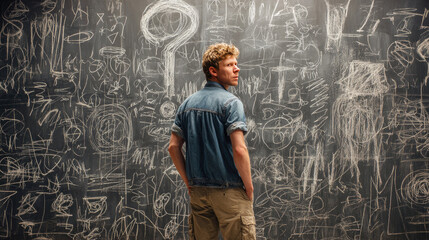 Man before blackboard with question marks and scribbles concept. A young man pondering in front of a chalkboard filled with ideas.