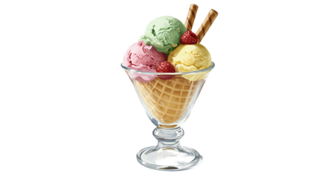 Delicious Ice Cream Sundae With Three Scoops Pink Yellow Green And Cherry Topping In Waffle Cone