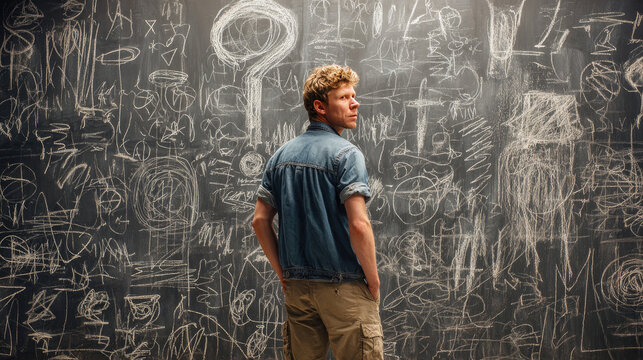 Man before blackboard with question marks and scribbles concept. A young man pondering in front of a chalkboard filled with ideas.
