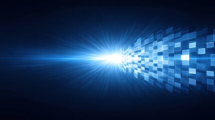 Dynamic Blue Light Burst, Abstract Digital Background with Sparkling Squares and Rays, Futuristic Technology Concept for Visual Design and Graphics Projects