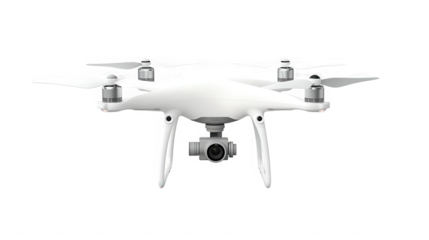 White drone with camera isolated on transparent background for aerial photography
