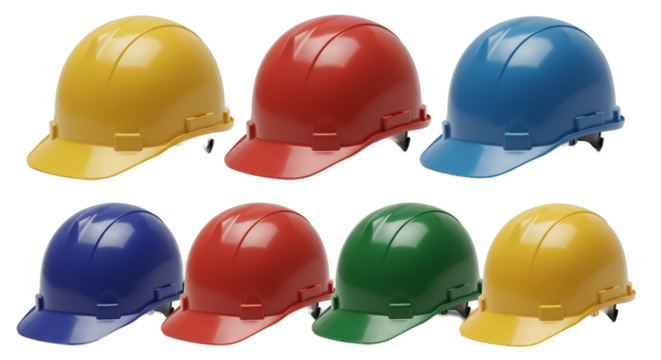 Colorful Hard Hats on a Vibrant Gradient Background Realistic Photo
