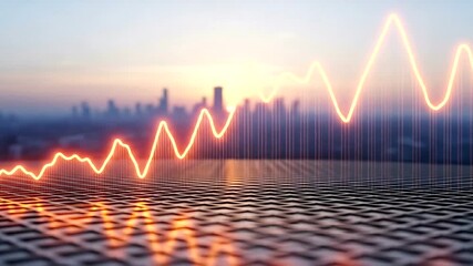 Sunset over a city skyline with a glowing financial graph rising - Powered by Adobe