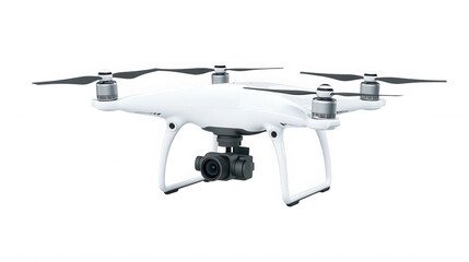 White drone with camera isolated on transparent background for aerial photography