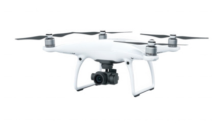 White drone with camera isolated on transparent background for aerial photography