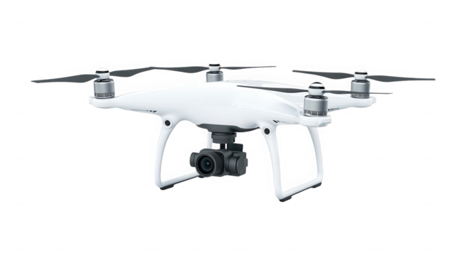White drone with camera isolated on transparent background for aerial photography