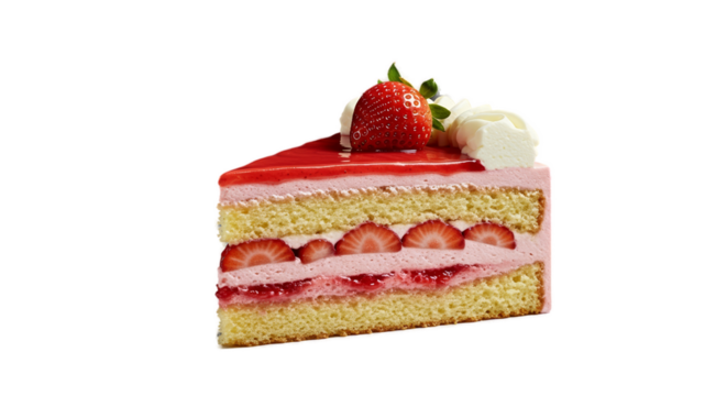 Delicious Strawberry Cake Slice Pink Cream Yellow Cake Red Glaze Dessert