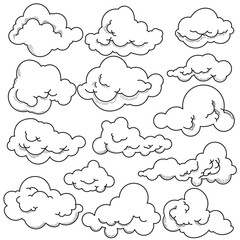 Hand-Drawn Cartoon Clouds Set. Various fluffy sky elements in line art style, perfect for weather, nature, and graphic design.