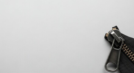 Detailed Black Zipper with Metallic Slider and Brass Teeth on Clean Grey Background, Ample Copy Space