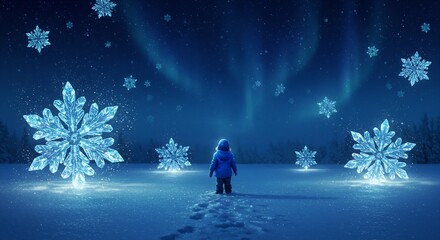 Obraz premium Child stands alone amidst huge glowing crystal snowflakes under a dramatic blue winter night sky with aurora