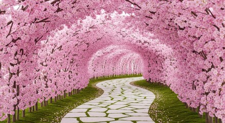 A breathtaking path surrounded by arching cherry blossom trees in full bloom. The pink petals create a dreamy tunnel of spring beauty, with a stone walkway leading through the enchanting scenery