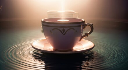 A beautifully lit porcelain teacup rests on a saucer, floating on rippling water under a warm beam of sunlight. The elegant design and golden rim create a tranquil and surreal atmosphere