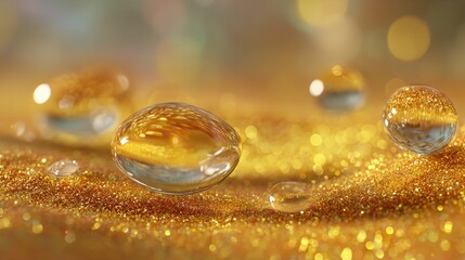 Golden Reflections: Water Droplets on Glittering Surface, Abstract and Luxurious Composition
