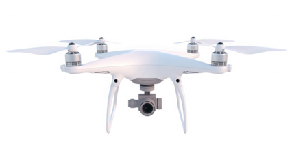 White drone isolated on transparent background, front view, studio shot, nobody