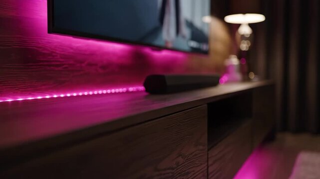 Purple LED Accent Lighting in Modern Living Room - This video shows a modern living room setup with a flat screen TV and soundbar on a wooden entertainment center.