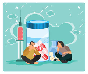 Drug addiction concept. Drug addict with Drugs and Syringes Next to a Large Pill Bottle.
