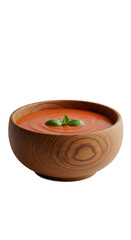 Creamy Tomato Soup In Wooden Bowl With Basil Leaf