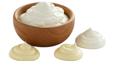 Creamy Whipped Cream Dessert Sauce With Wooden Bowl Isolated Realistic Photo
