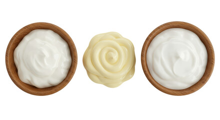 Creamy Swirls Of White Yogurt In Two Bowls And Yellow Butter Rose