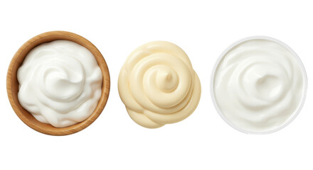 Creamy White Yogurt And Yellow Mayonnaise Swirls In Bowls Realistic Photo